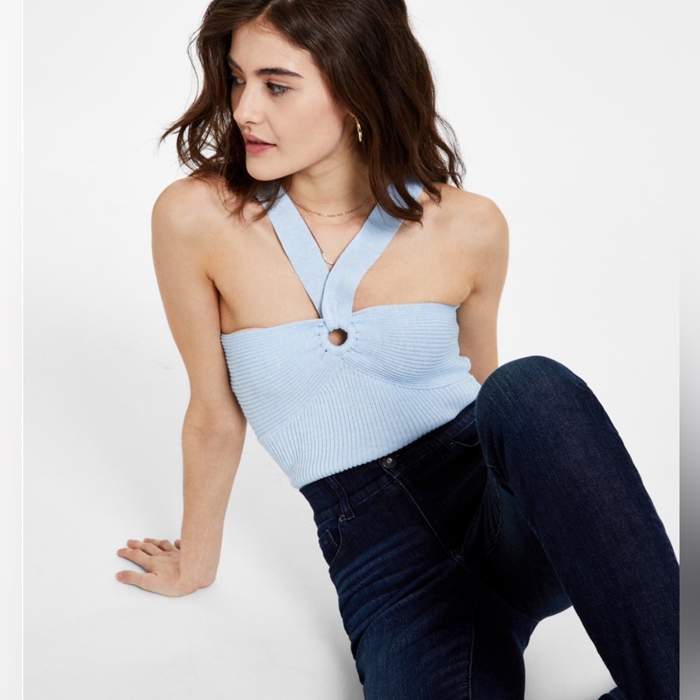 Lucy Paris Women's Ribbed O Ring Halter Top Blue Large Stretch Juniors Womens